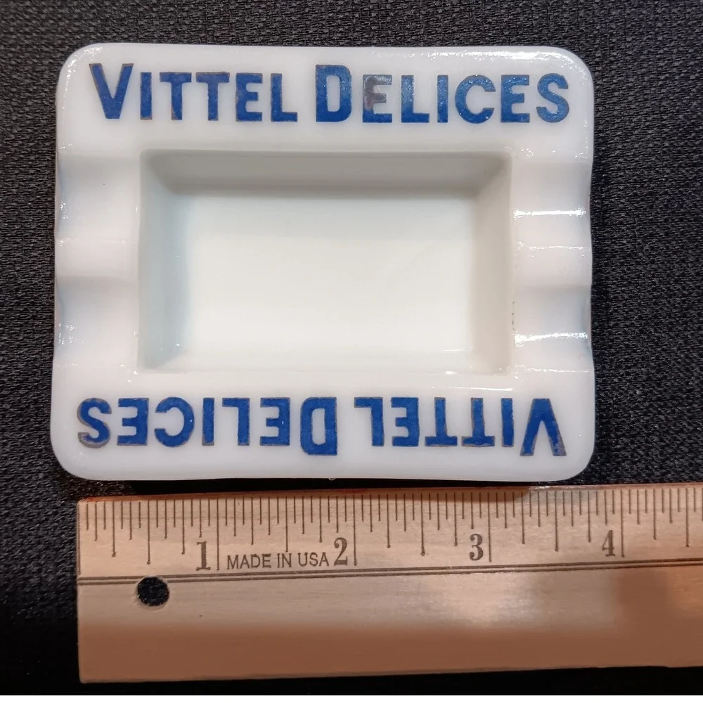 Vintage Vittel Delices French Opaline Milk Glass Ashtray White Blue Advertising - Picture 2 of 7